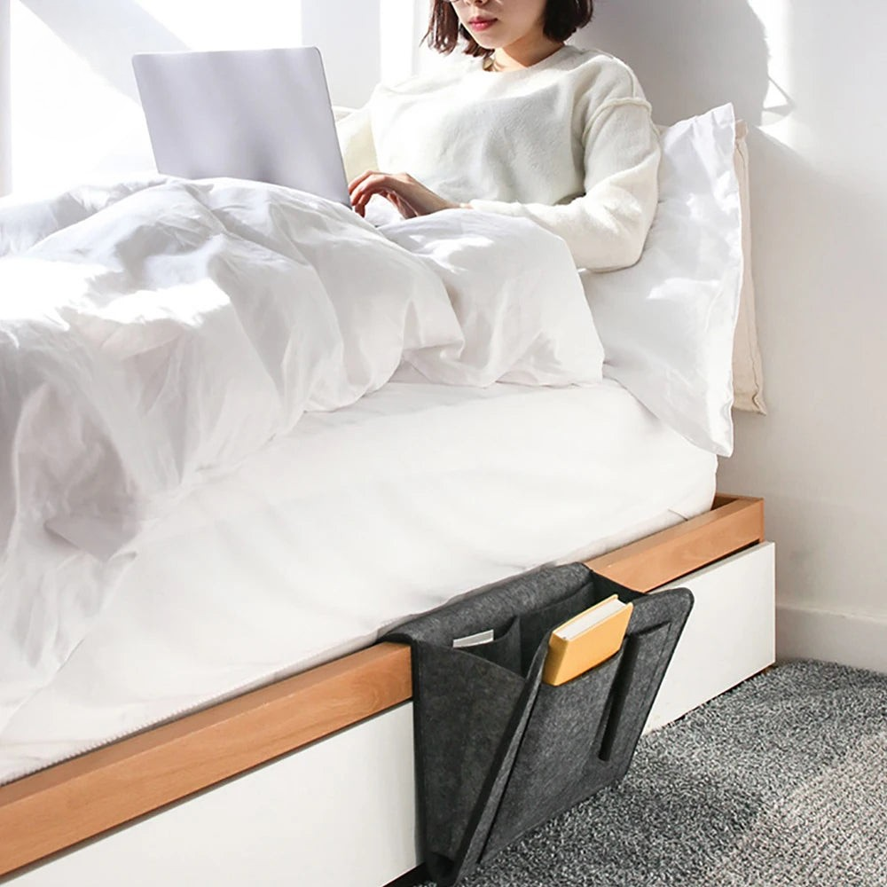 Chic Felt Bedside Storage Organizer - Convenient Hanging Pockets for Phones, Books, Magazines & Tissues